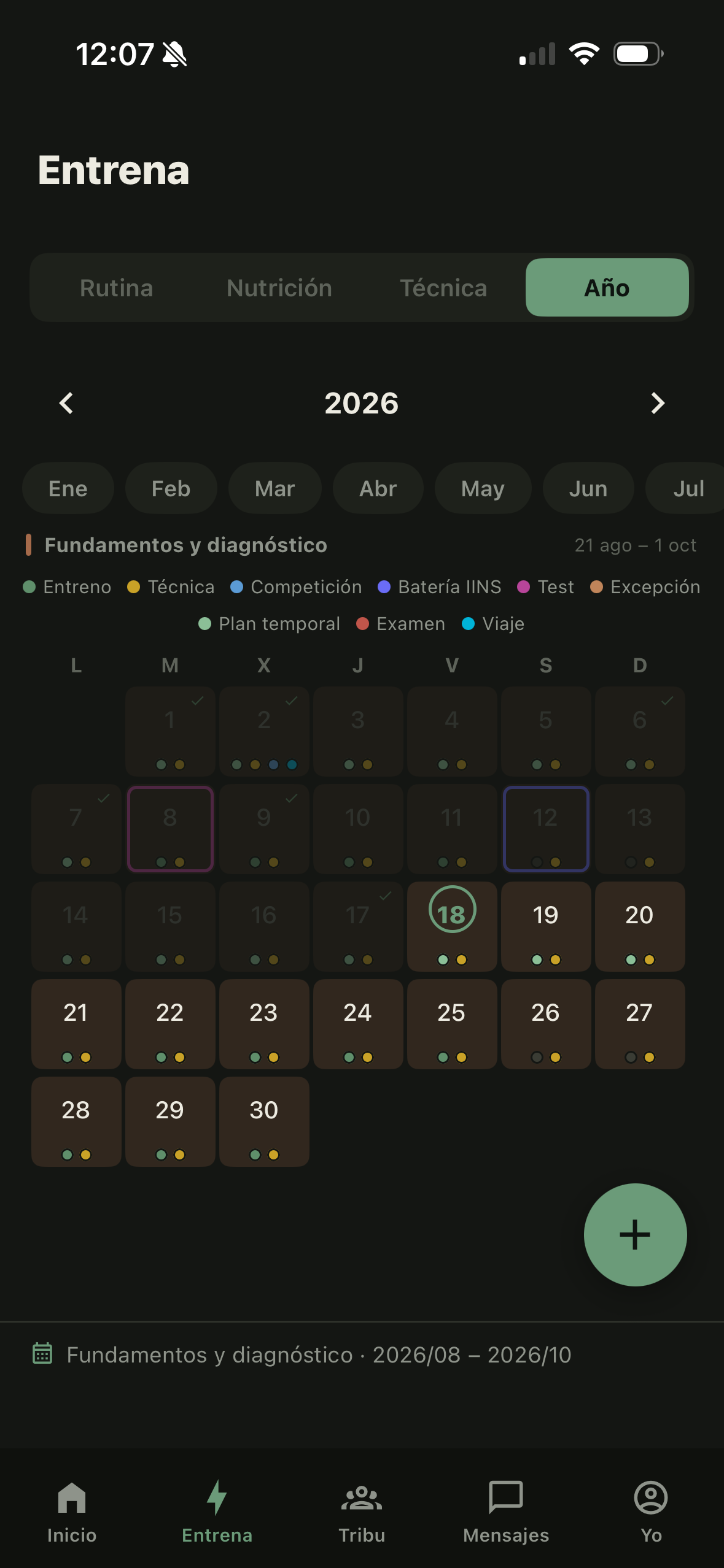 Calendario anual con la temporada dividida en bloques y los eventos por colores