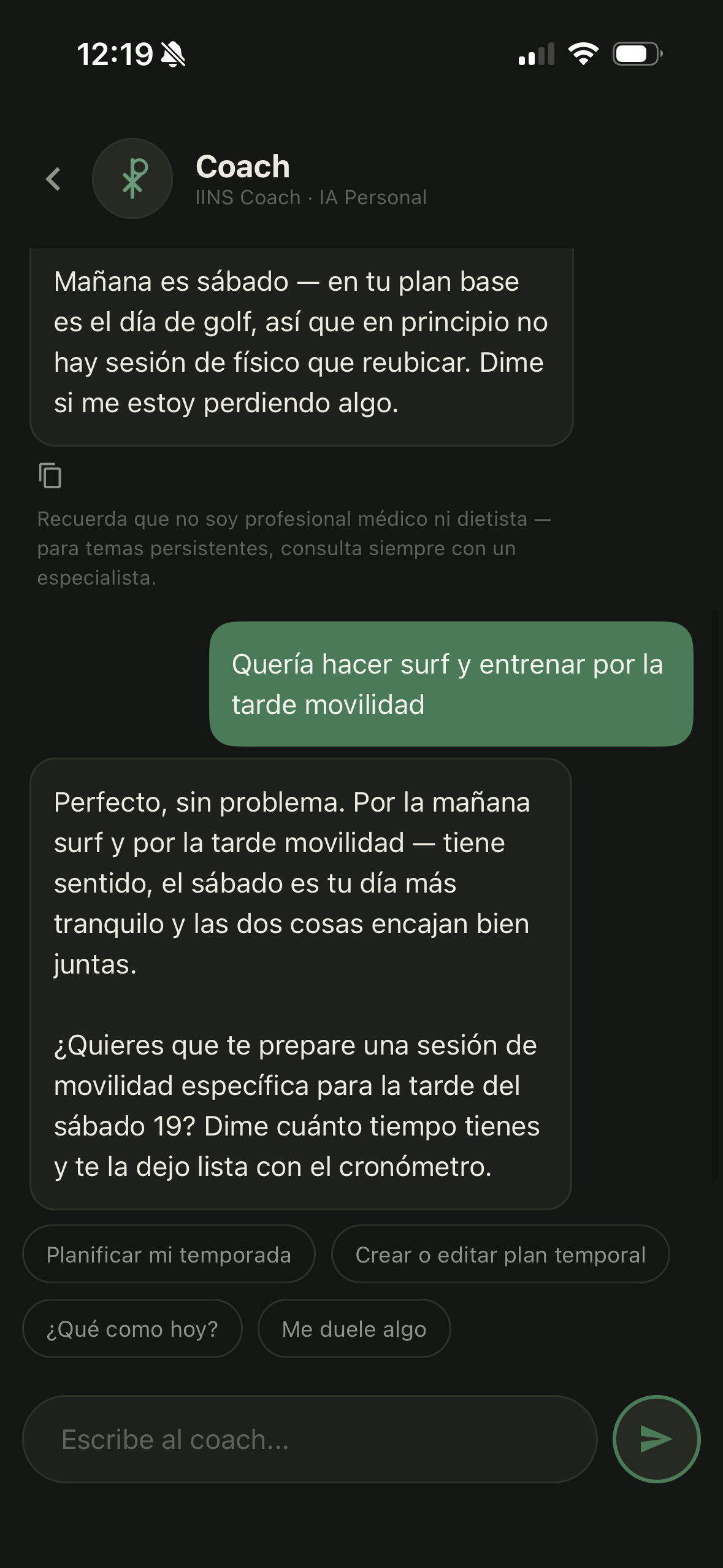 Conversación con el Coach: reorganiza el sábado con surf por la mañana y movilidad por la tarde