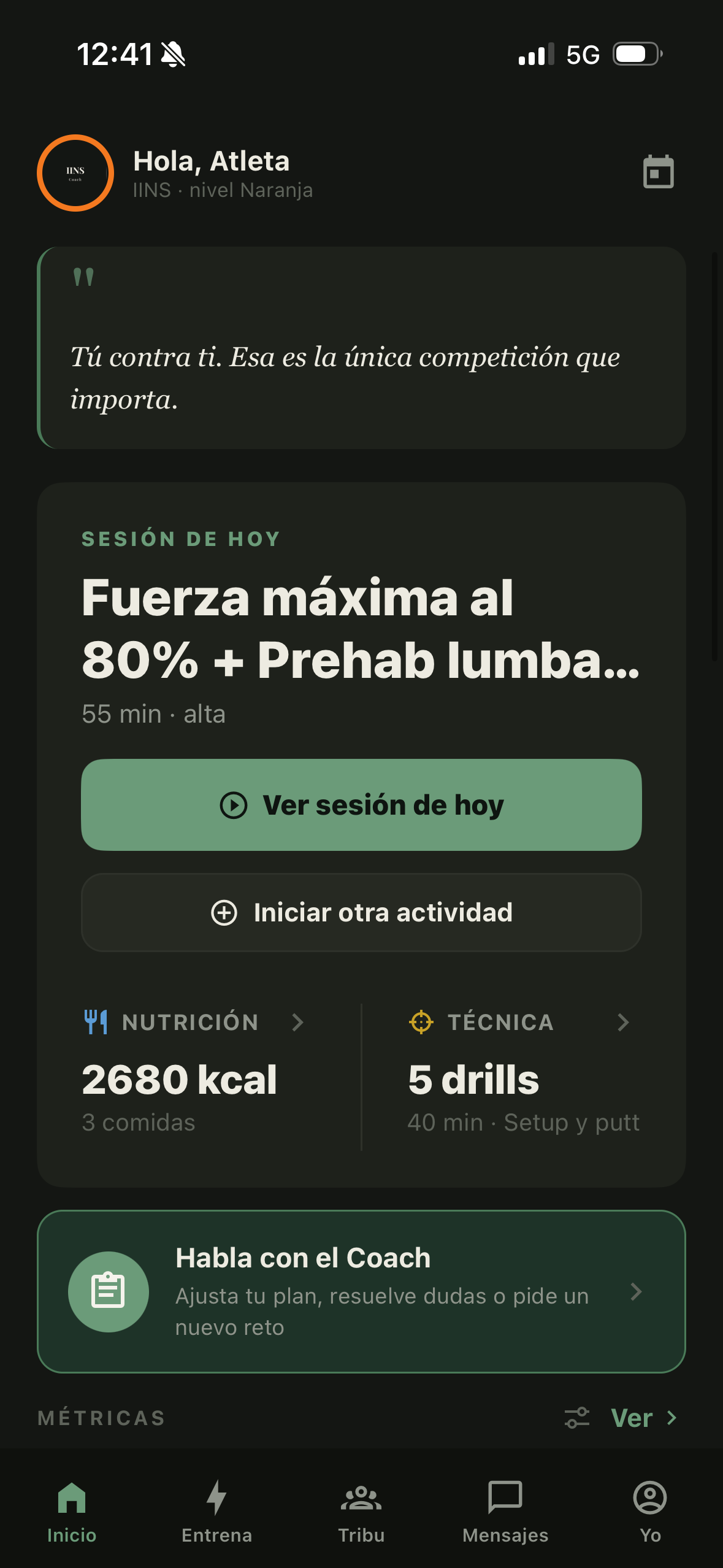 Pantalla de Inicio de IINS Coach con la sesión de hoy